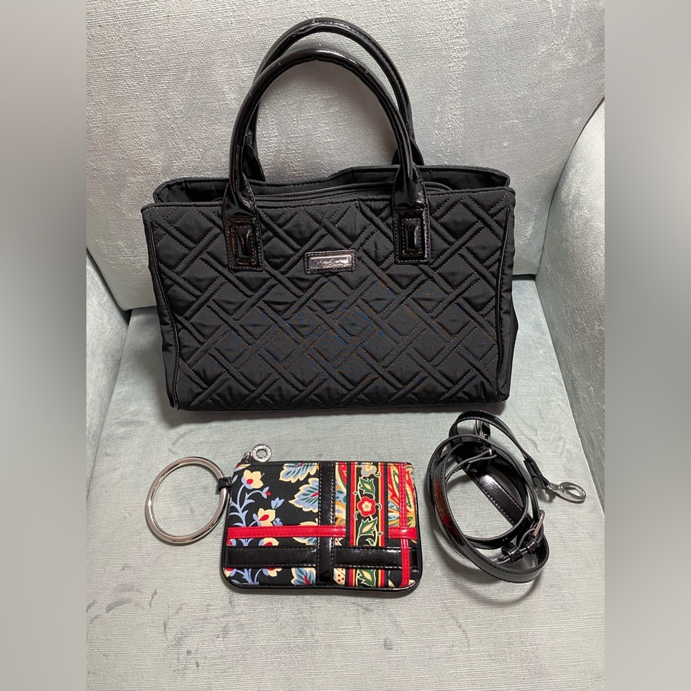 Vera Bradley Black Quilted Satchel Handbag with Versailles Pattern Wallet